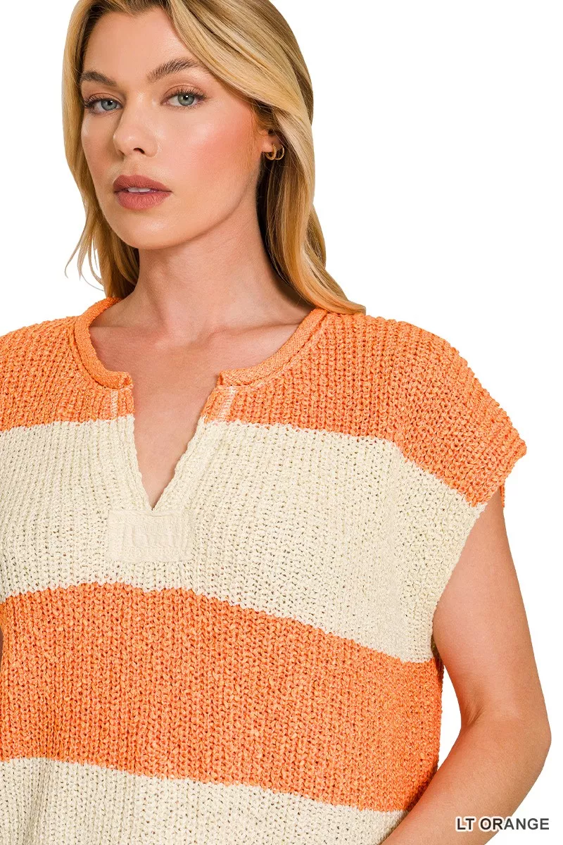 Split Neck Sleeveless Stripe Sweater, image 4