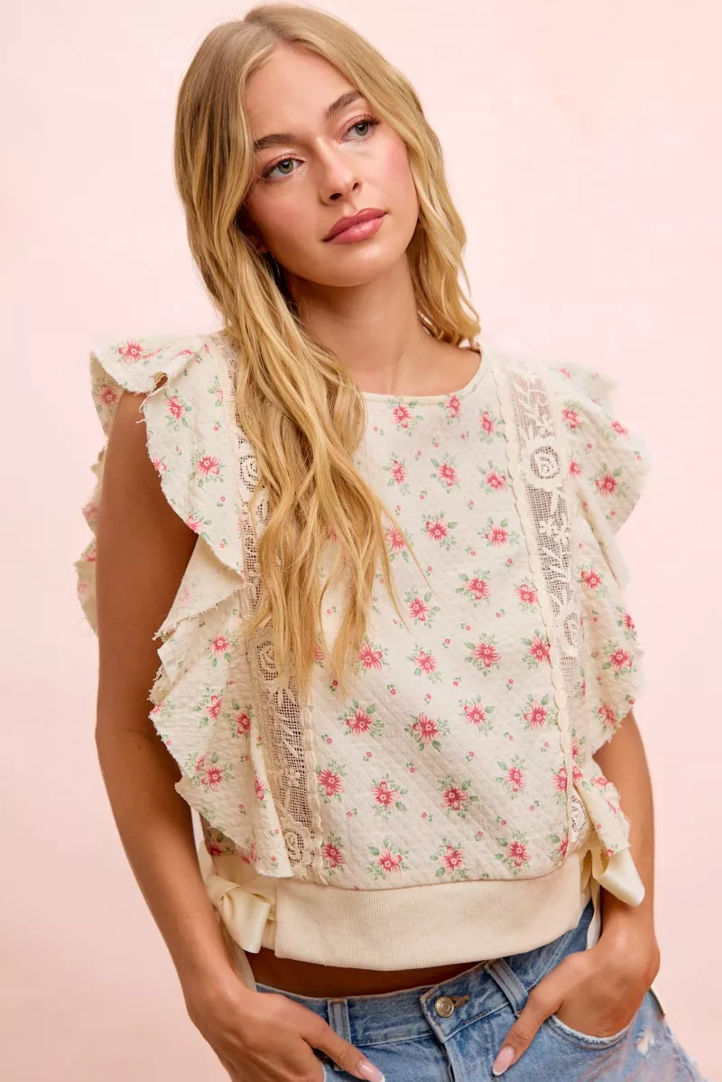 BiBi Flower Printed Ruffle Sleeve Trim Detail Top