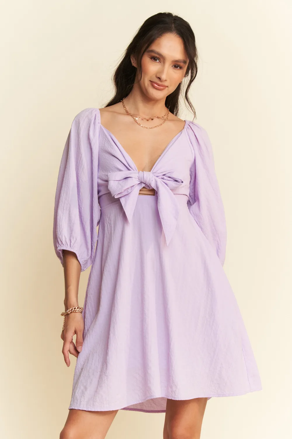 Self-Tie Puff Sleeve Smocking Open Back Mini Dress