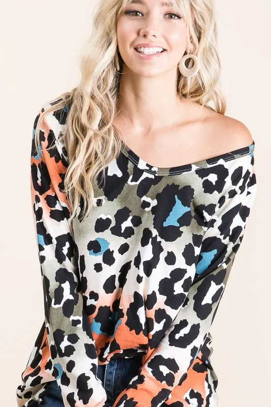 Gradation Leopard Print Soft Knit Deep U Neck Top, image 2