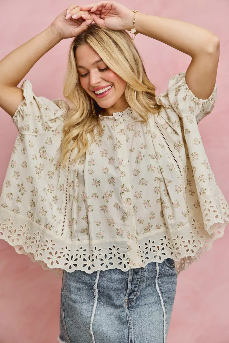 Floral Print Lace Trim Short Sleeves Blouse, image 10