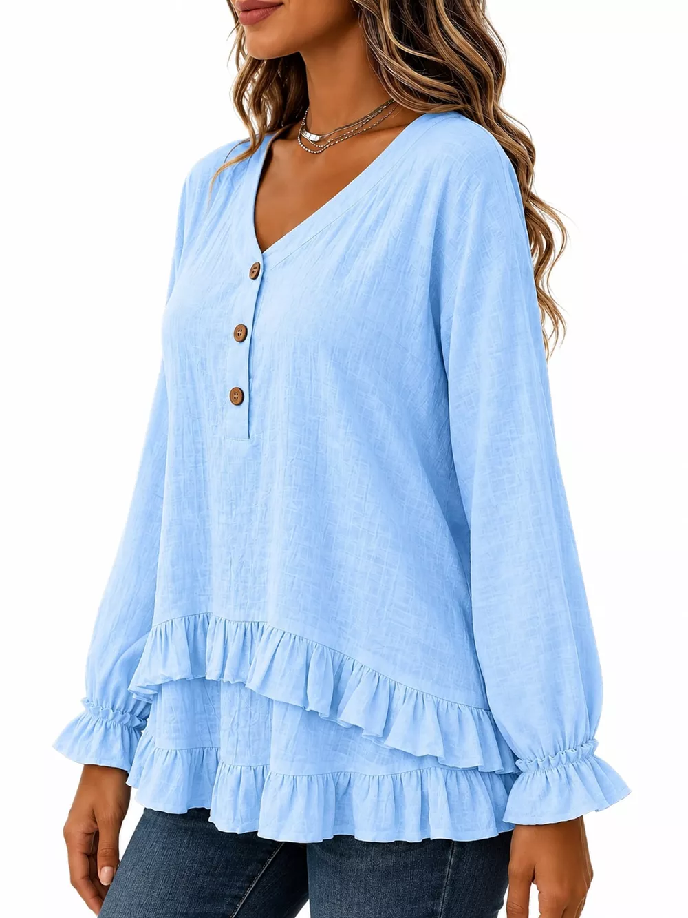V-Neck Long Sleeve Ruffled Hem Blouse, image 14