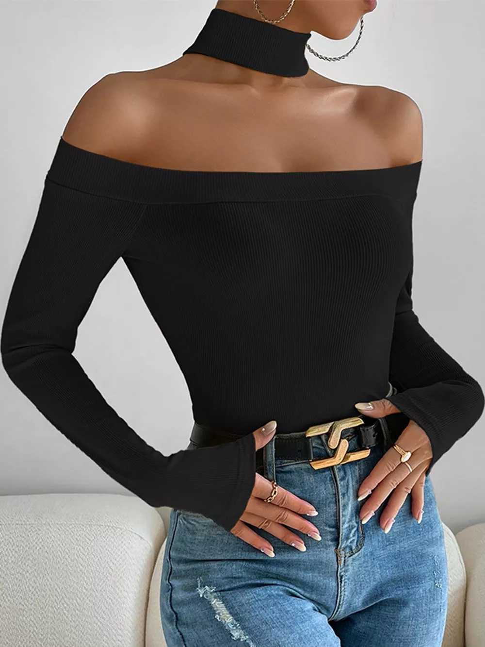 Off-Shoulder Ribbed Knit Long Sleeve T-Shirt with Choker Neck, image 5