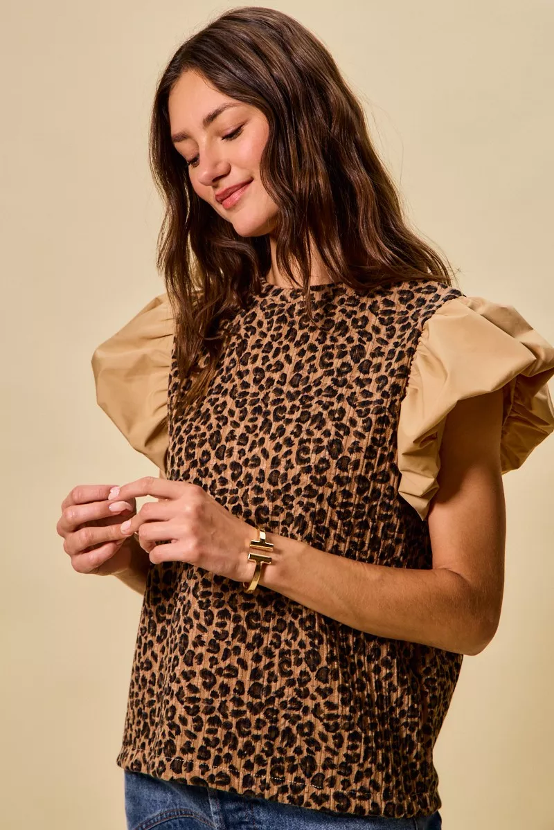 Leopard Pointelle Knit Top with Puff Sleeves, image 3
