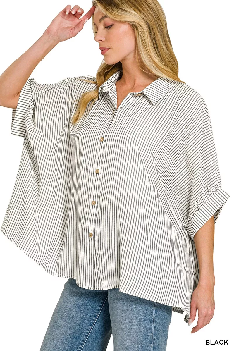Full Size Woven Stripe Button Down Boxy Shirt Plus Size, image 4