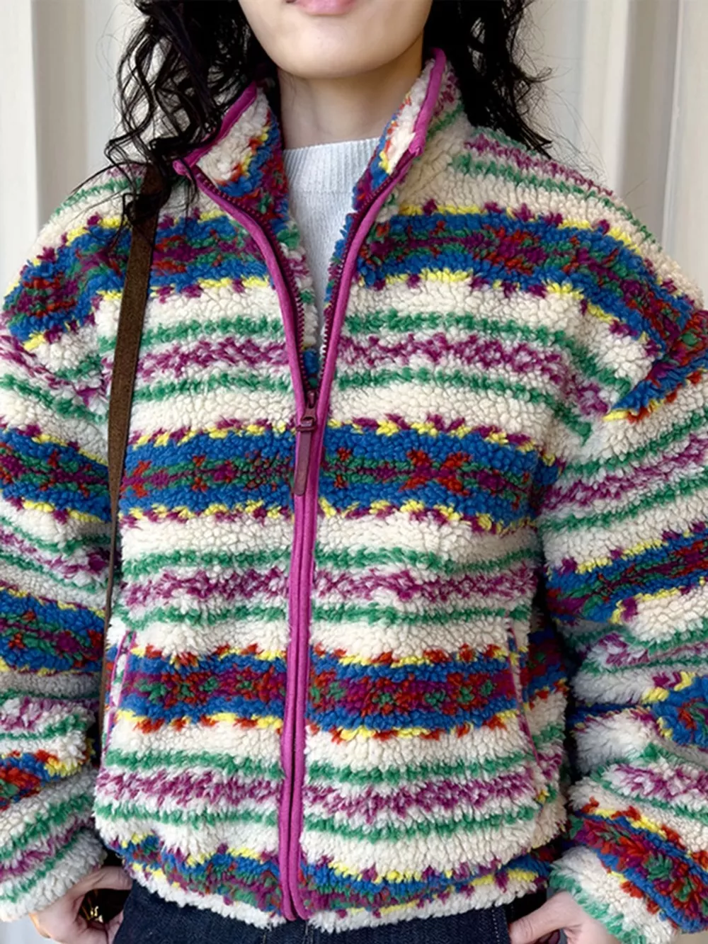 Colorful Patterned Sherpa Zip-Up Jacket, image 9