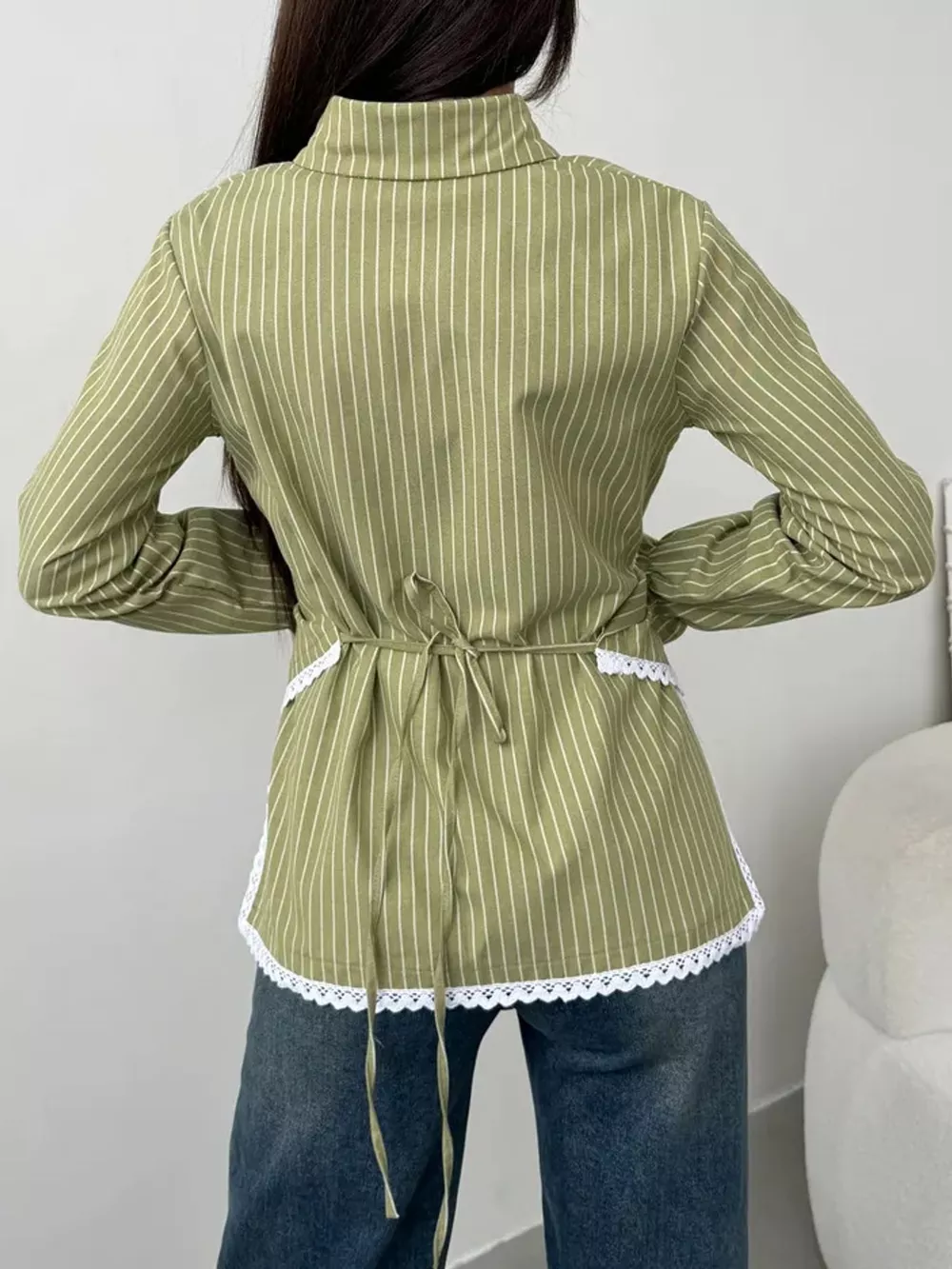 Lace Trim Long Sleeves Striped Shirt, image 26