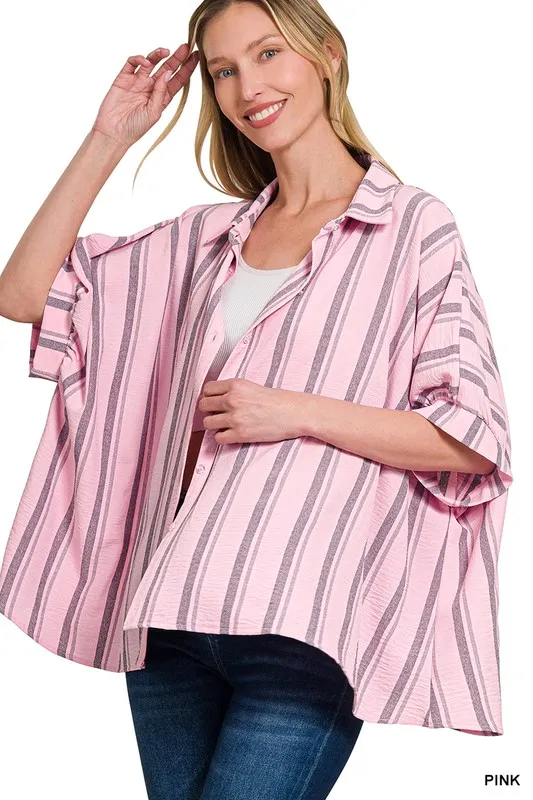 Woven Yarn-Dye Stripe Oversized Button Down Shirt, image 2