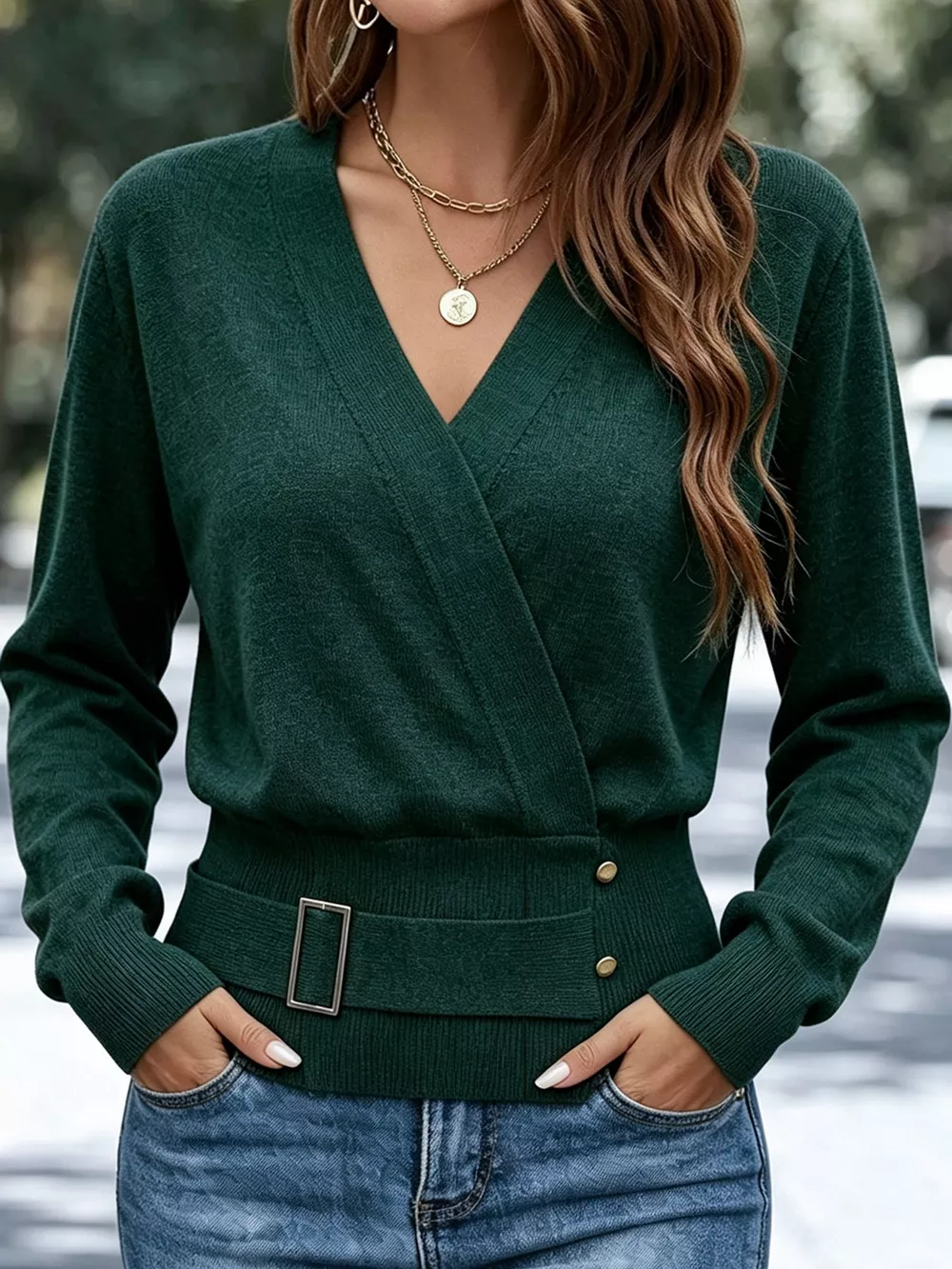Surplice Elastic Waist Long Sleeve Knit Top, image 16