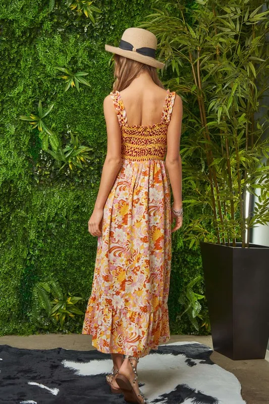 Multi Smocked Bodice Geo Ruffle Strappy Midi Dress, image 10