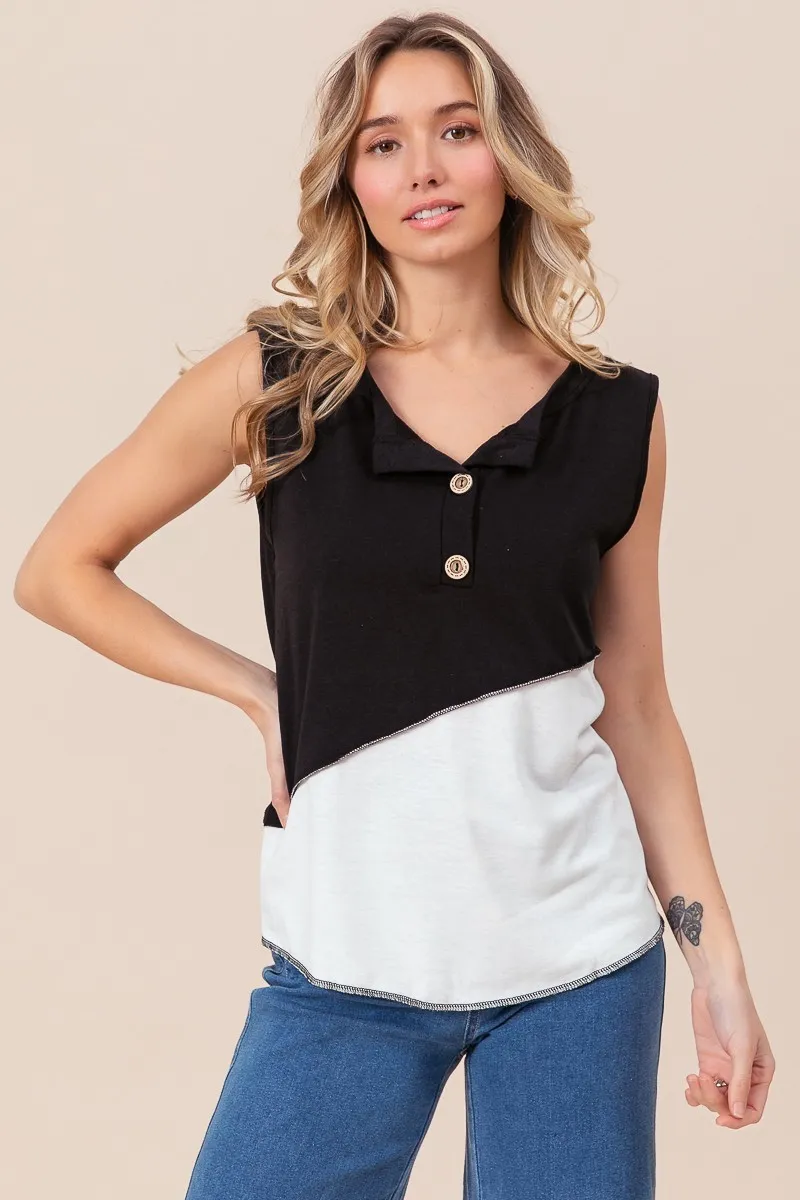 Color Block Contrast Stitching Buttoned Henley Top, image 5