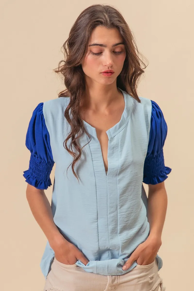 Air Flow Color Block Puff Sleeves V Neck Top