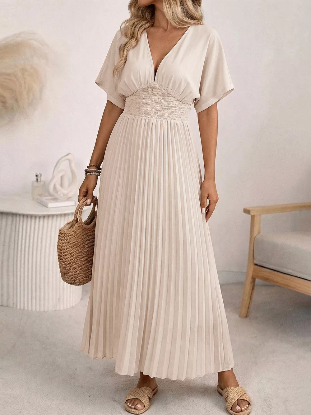 Pleated V-Neck Midi Dress, image 2