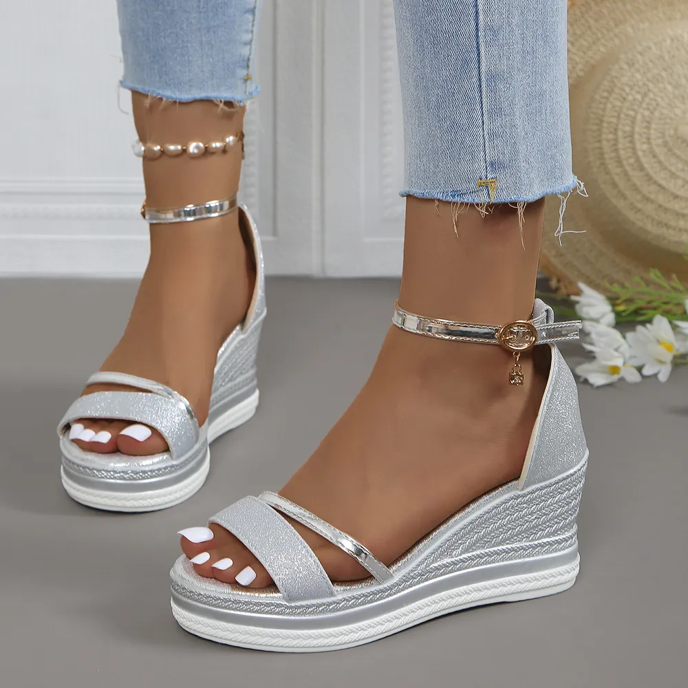 Glitter Platform Wedge Sandals with Ankle Strap, image 5