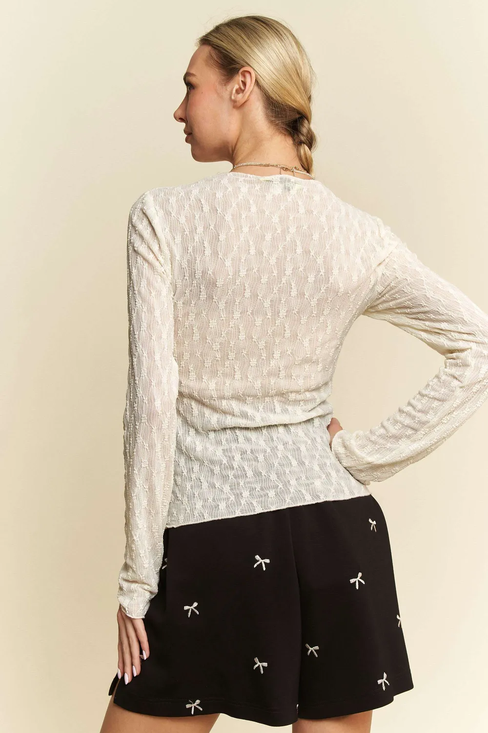 Long Sleeve Sheer Small Embroidered Bows Lace Top, image 4