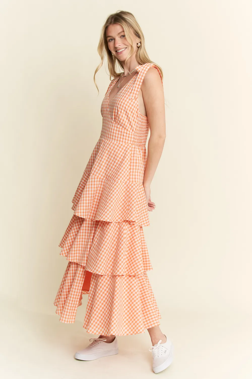 Sleeveless Gingham Print Tiered Midi Dress, image 13