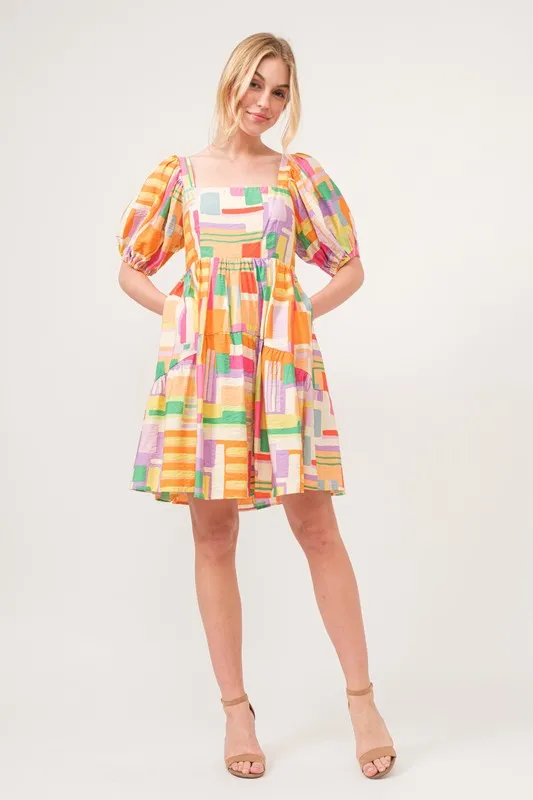 Square Neck Puff Sleeve Geo Printed Mini Dress, image 6