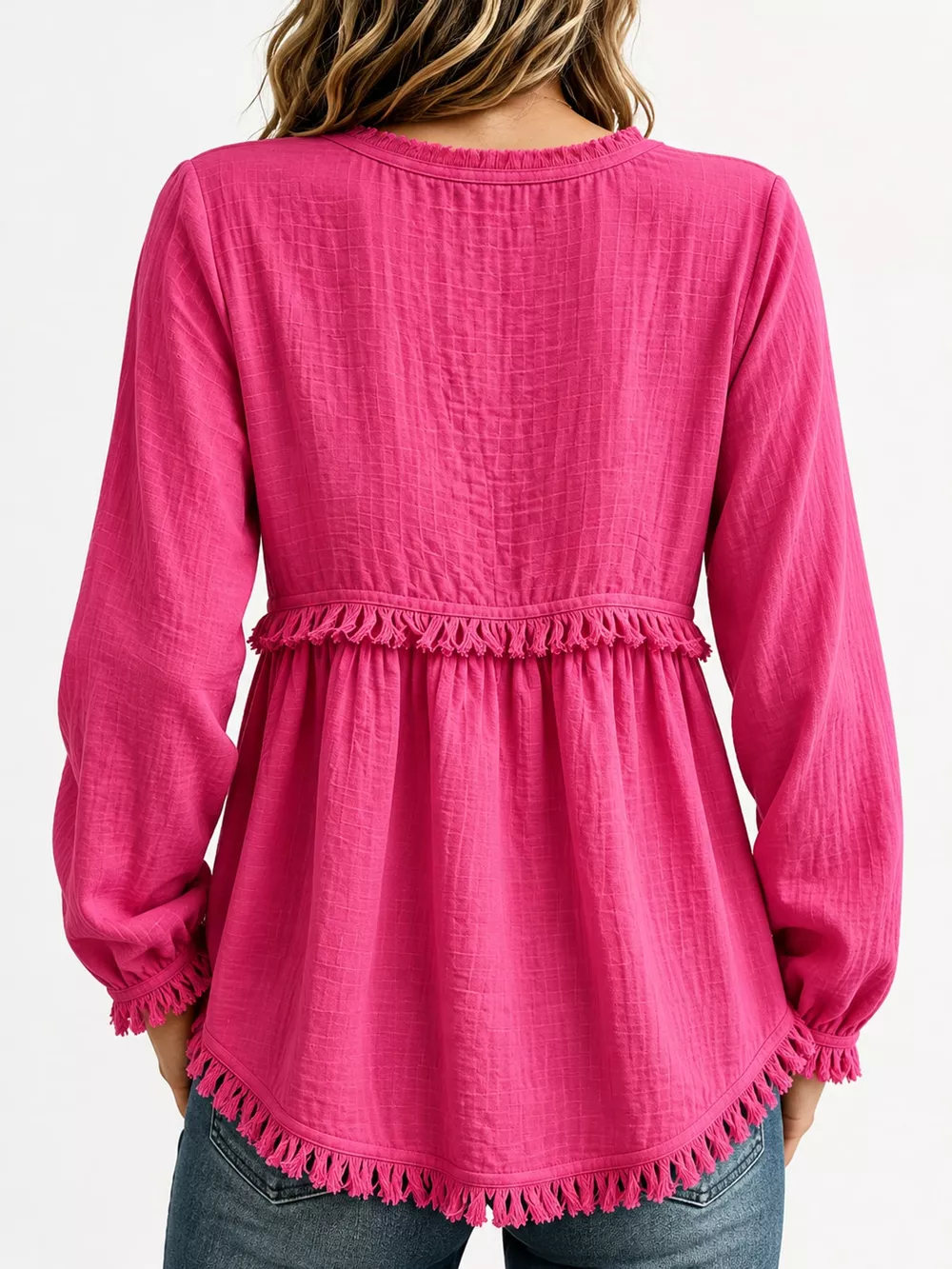 Full Size Fringed Trim V-Neck Long Sleeve Blouse Plus Size, image 41