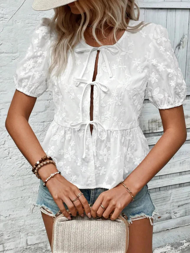 Puff Sleeve Tie Front Lace Peplum Blouse, image 5