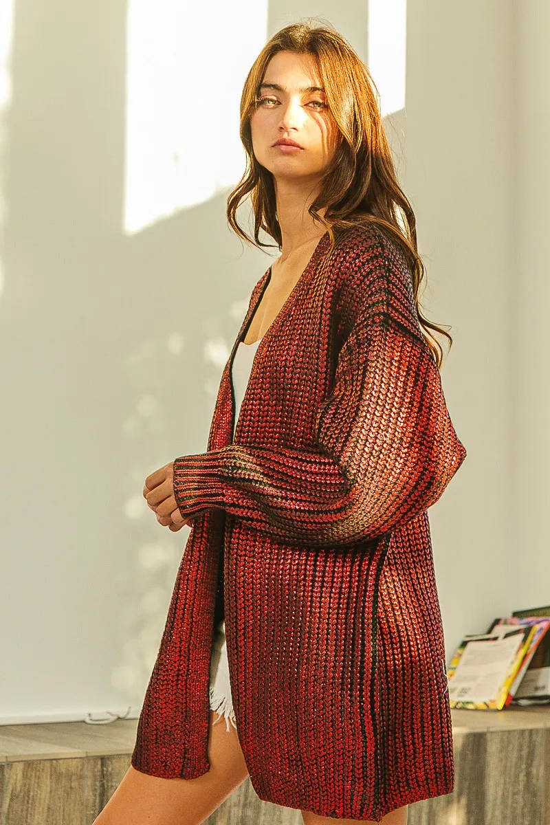 Metallic Knit V-neck Open Sweater Cardigan, image 2