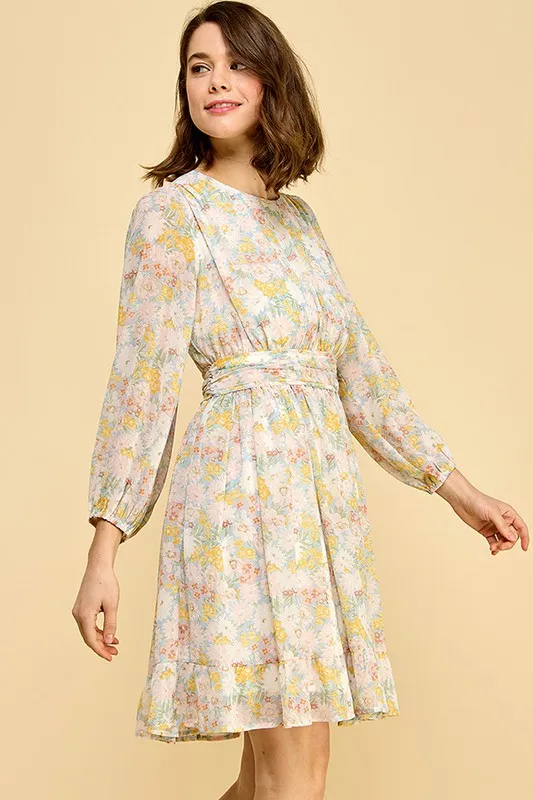 Chiffon Floral Print Belted Dress with Back Zipper, image 2