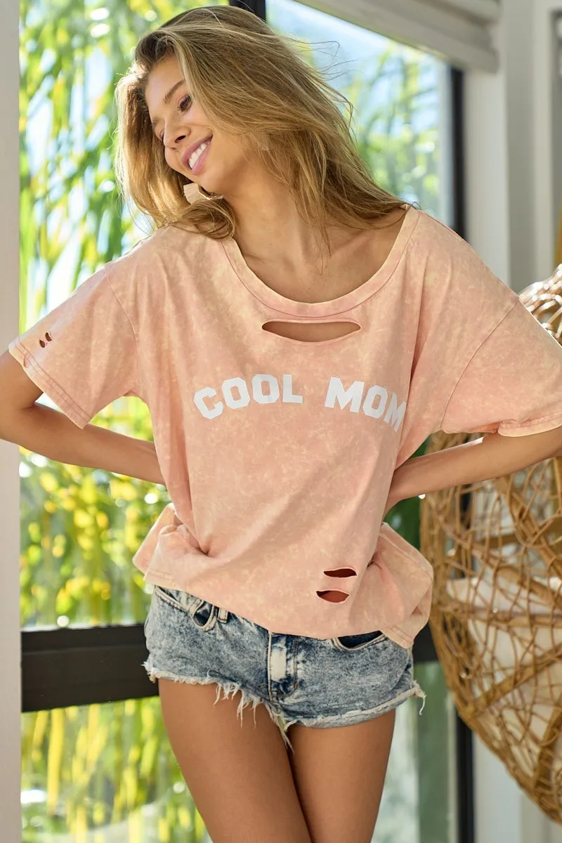 Washed Laser Cut Detail Cool Mom Print Top, image 4