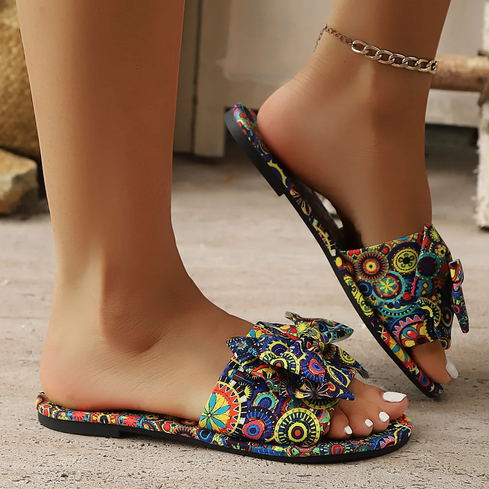 Bow Printed Open Toe Flats Sandals, image 6