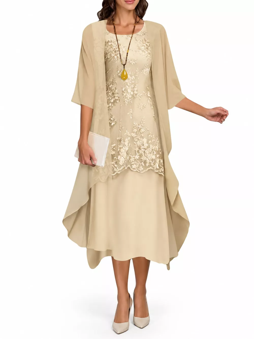 Plus Size Elegant Lace Overlay Dress and Matching Chiffon Cardigan Set