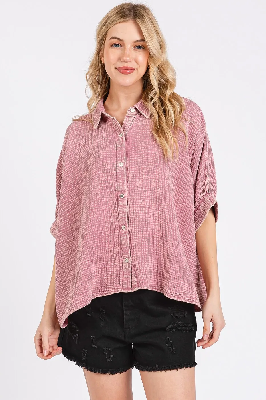 Mineral Wash Gauze Dolman Sleeve Button Down Shirt