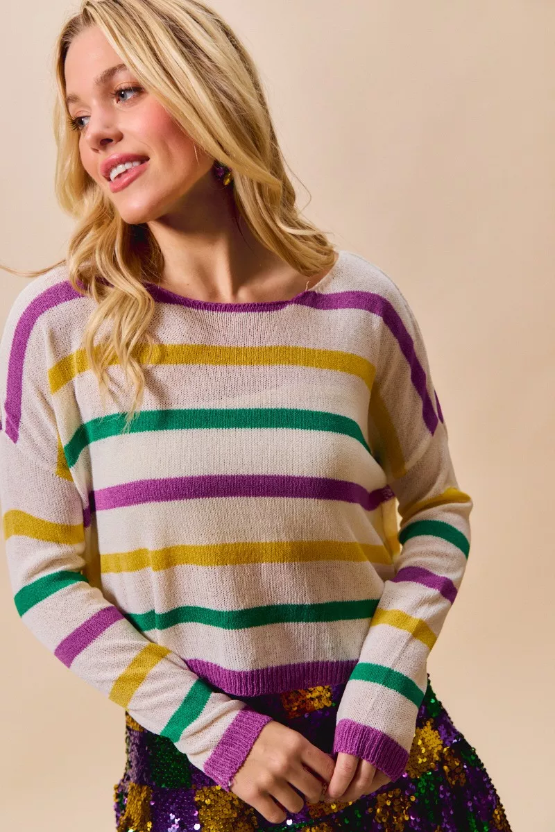 Mardi Gras Color Stripe Lightweight Sweater Top, image 7