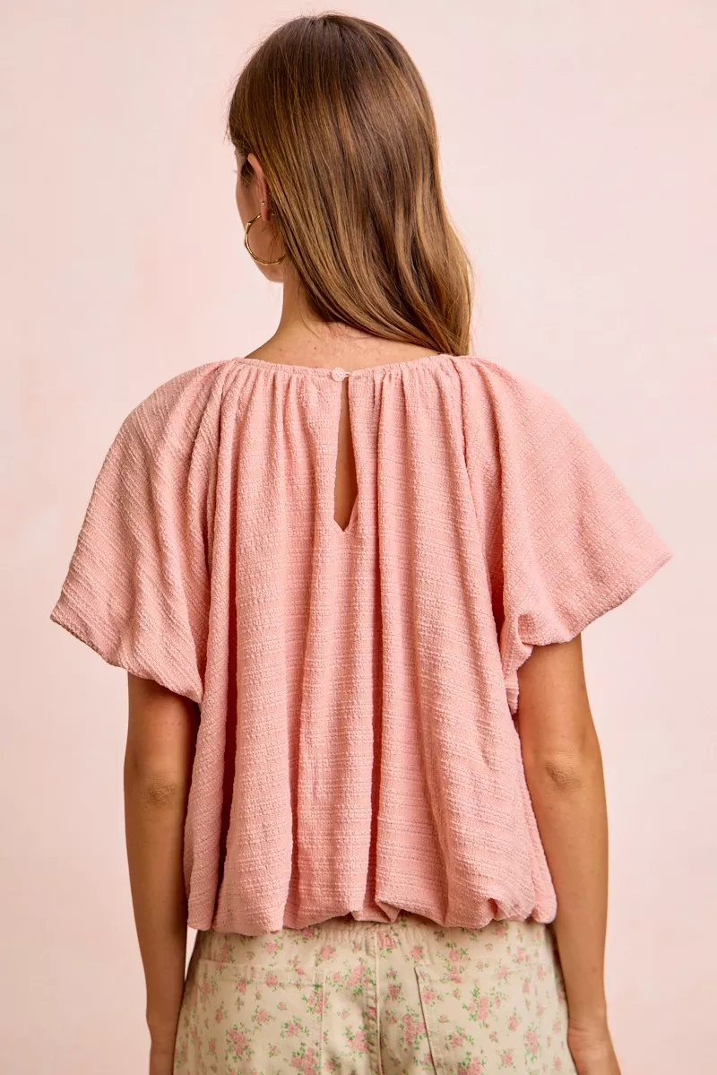 Stripes Textured Shirred Neckline Bubble Hem Top, image 4