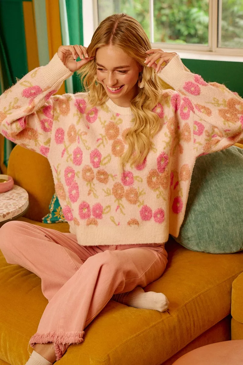 Towel Texture Floral Pattern Sweater, image 2