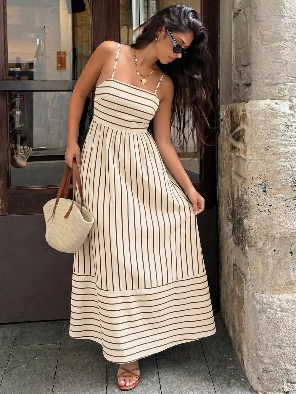 Striped Print Spaghetti Strap Maxi Dress, image 4