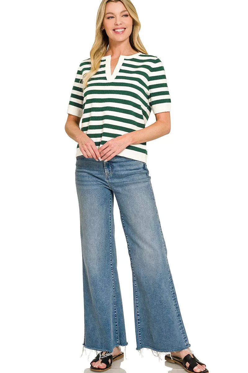 Zenana Split Neck Stripe Short Sleeve Sweater, image 3