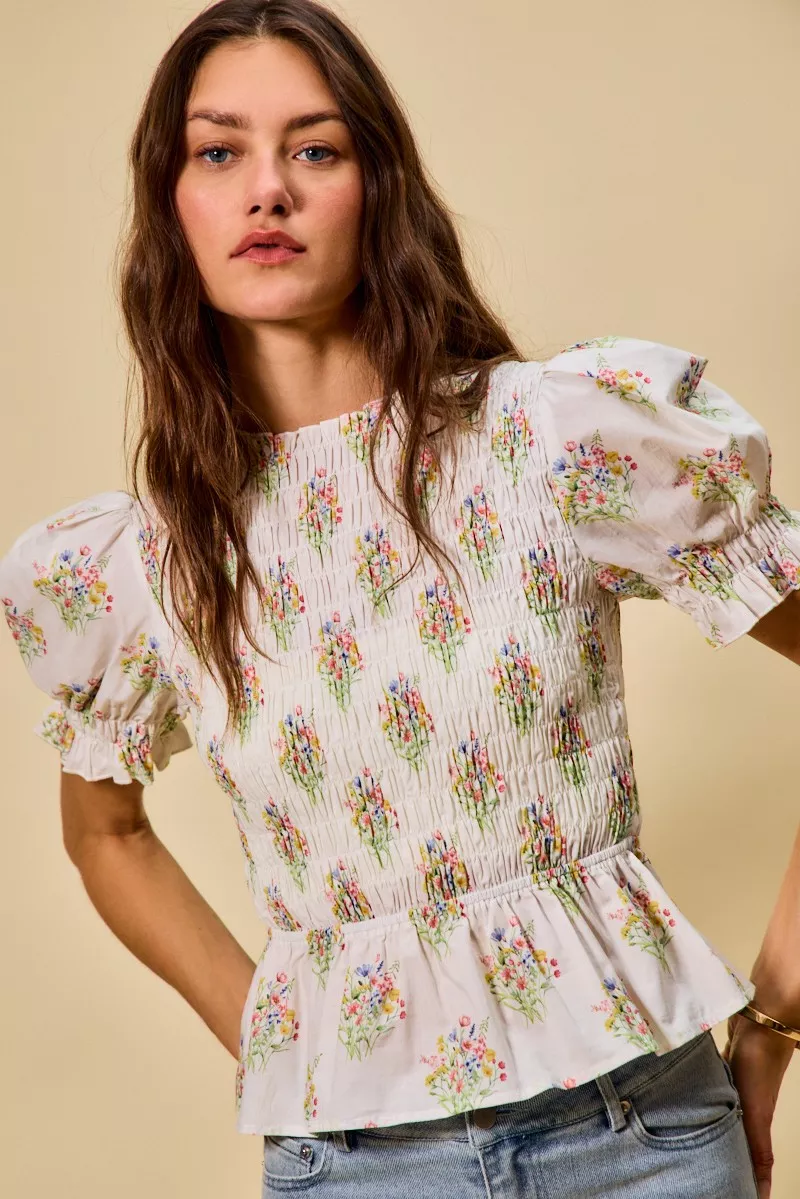 Floral Cotton Smocked Short Sleeves Blouse, image 6