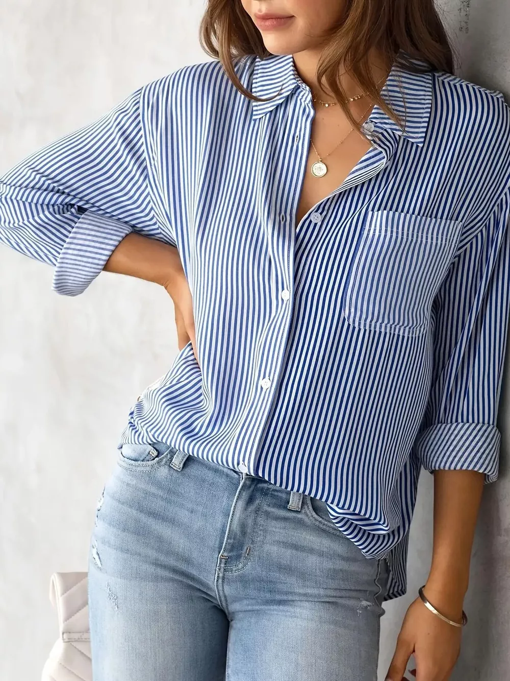 Full Size Striped Button-Down Long Sleeve Shirt Plus Size, image 2