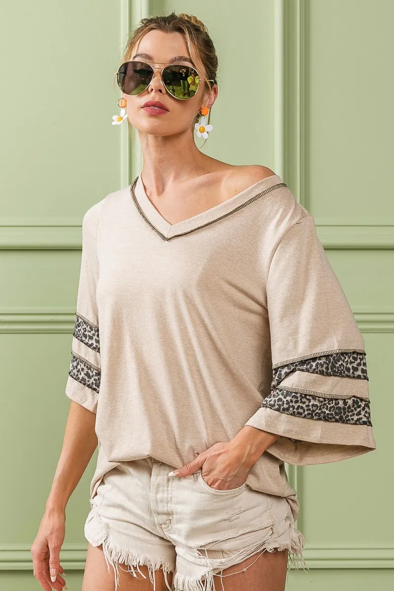 Triblend Knit Top with Leopard Band Detail, image 6