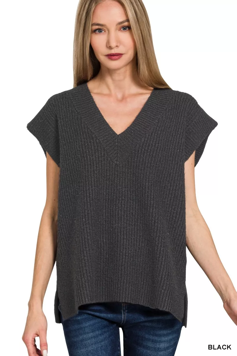 Ribbed Slit V-Neck Sweater Vest