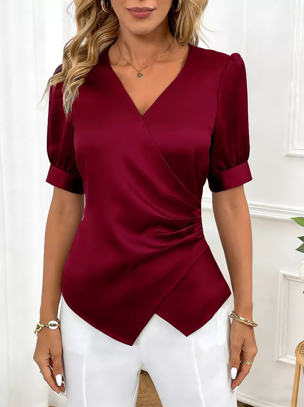 Satin Surplice Short Sleeve Blouse, image 5