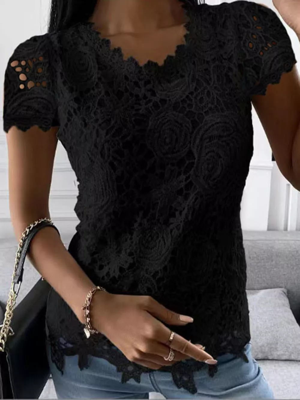 Full Size Elegant Floral Lace Short Sleeve Blouse Plus Size, image 4