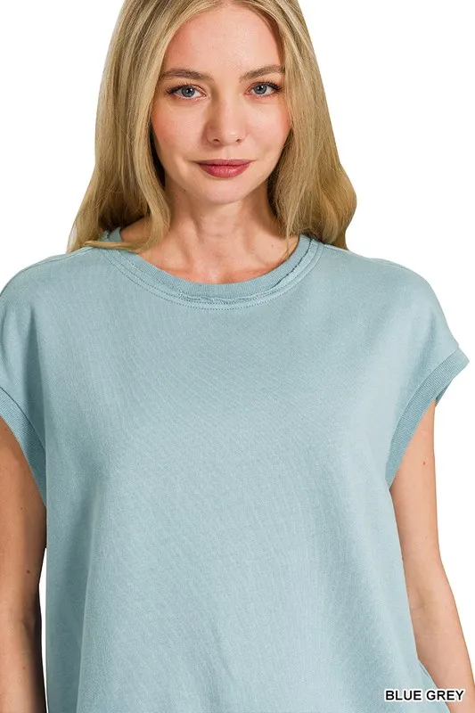 French Terry Round Neck Cap Sleeve T-Shirt, image 2