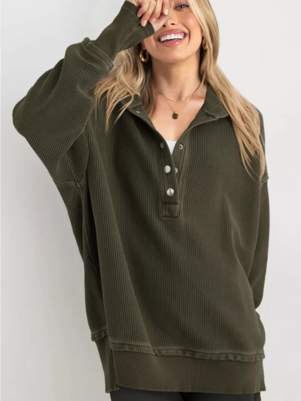 Full Size Snap Button Placket Dropped Shoulder Hoodie Plus Size, image 41
