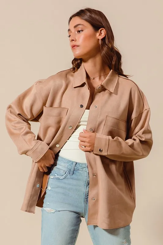 Faux Sued Snap Shacket with Collar and Pockets, image 3