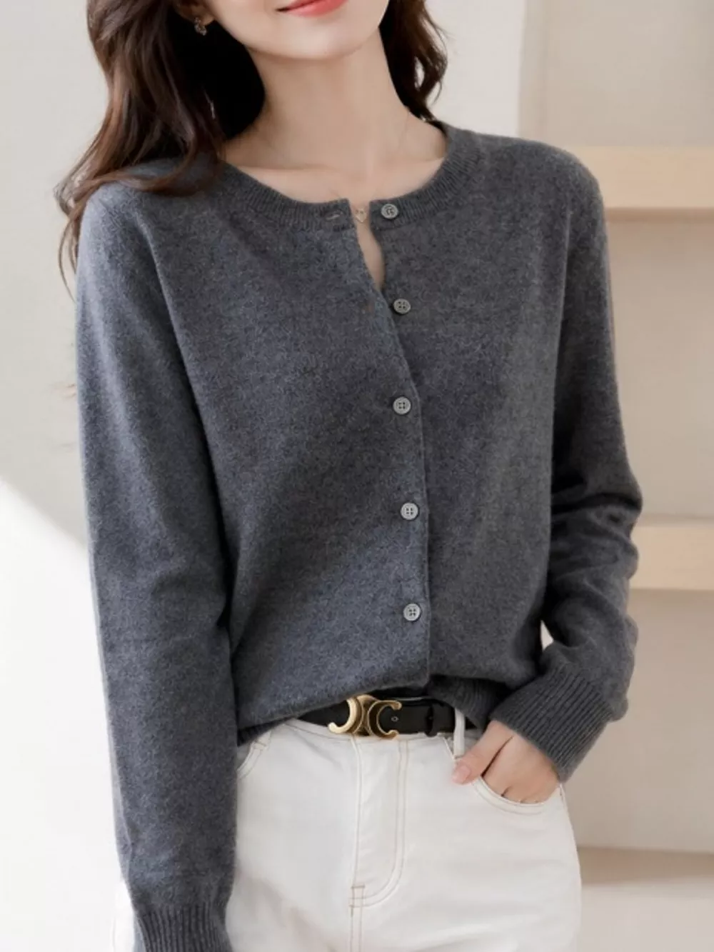 Classic Crew Neck Knit Cardigan, image 60
