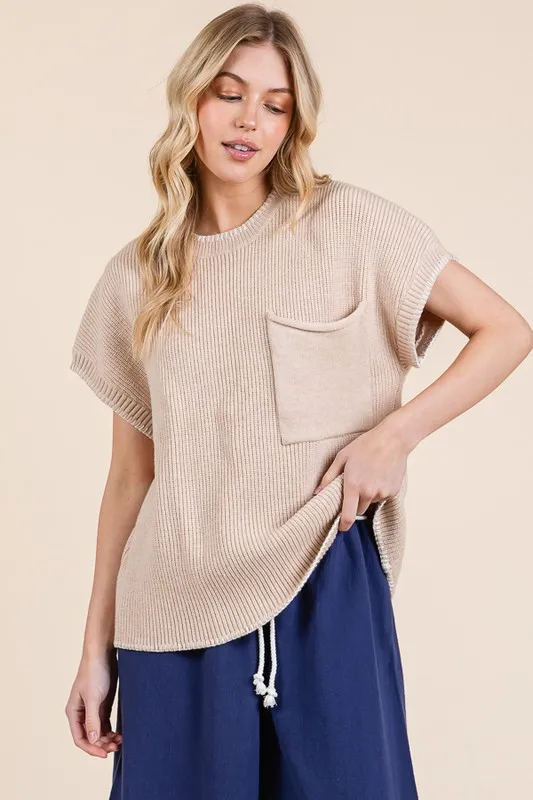 Solid Cap Sleeve Stitch Edge Knit Sweater, image 4