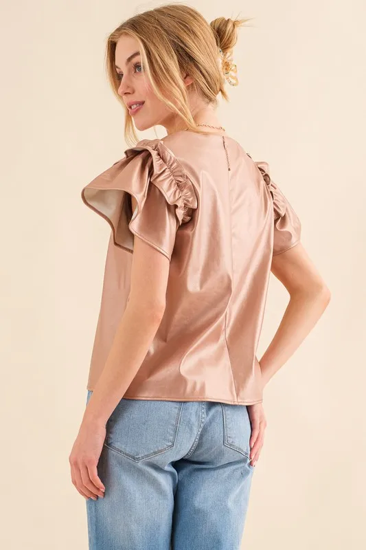 Faux Leather Ruffle Sleeves V Neck Top, image 5