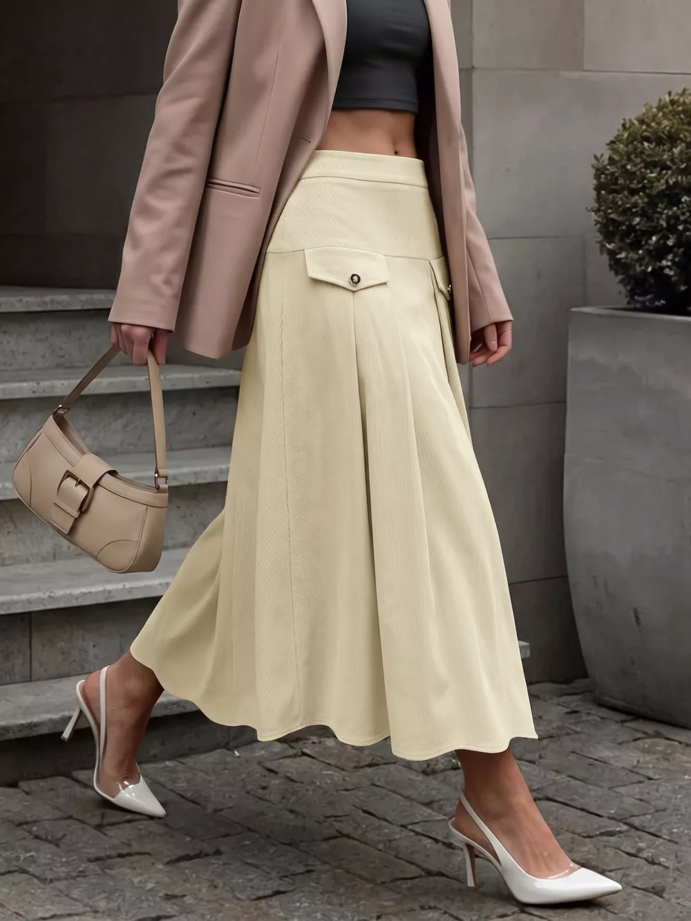 High Waist Pleated Midi Skirt, image 2