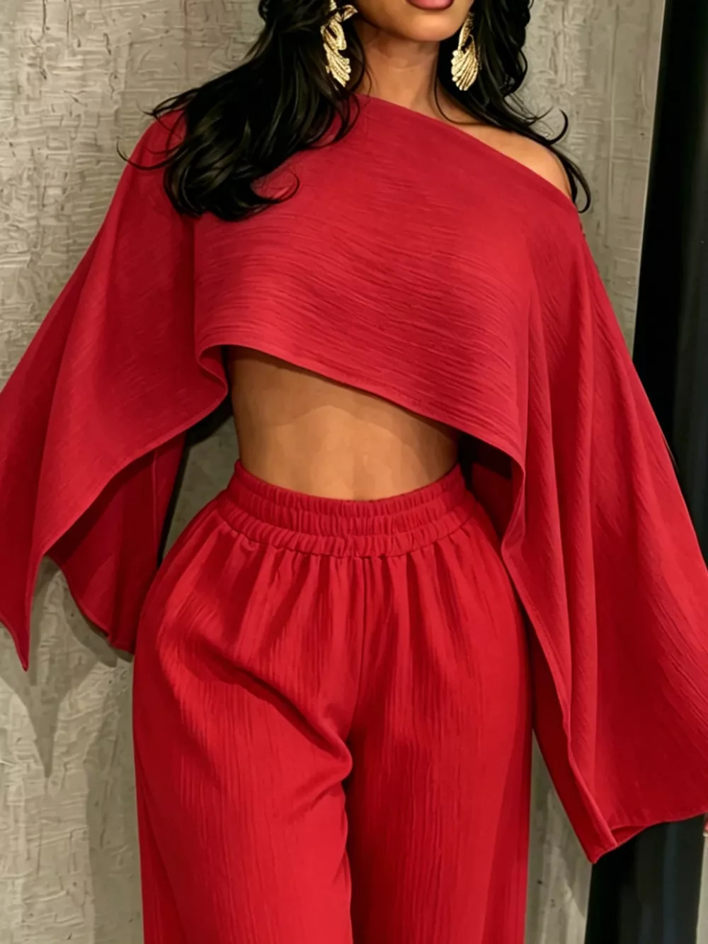Boat Neck Crop Top and Wide-Leg Pants Set, image 36