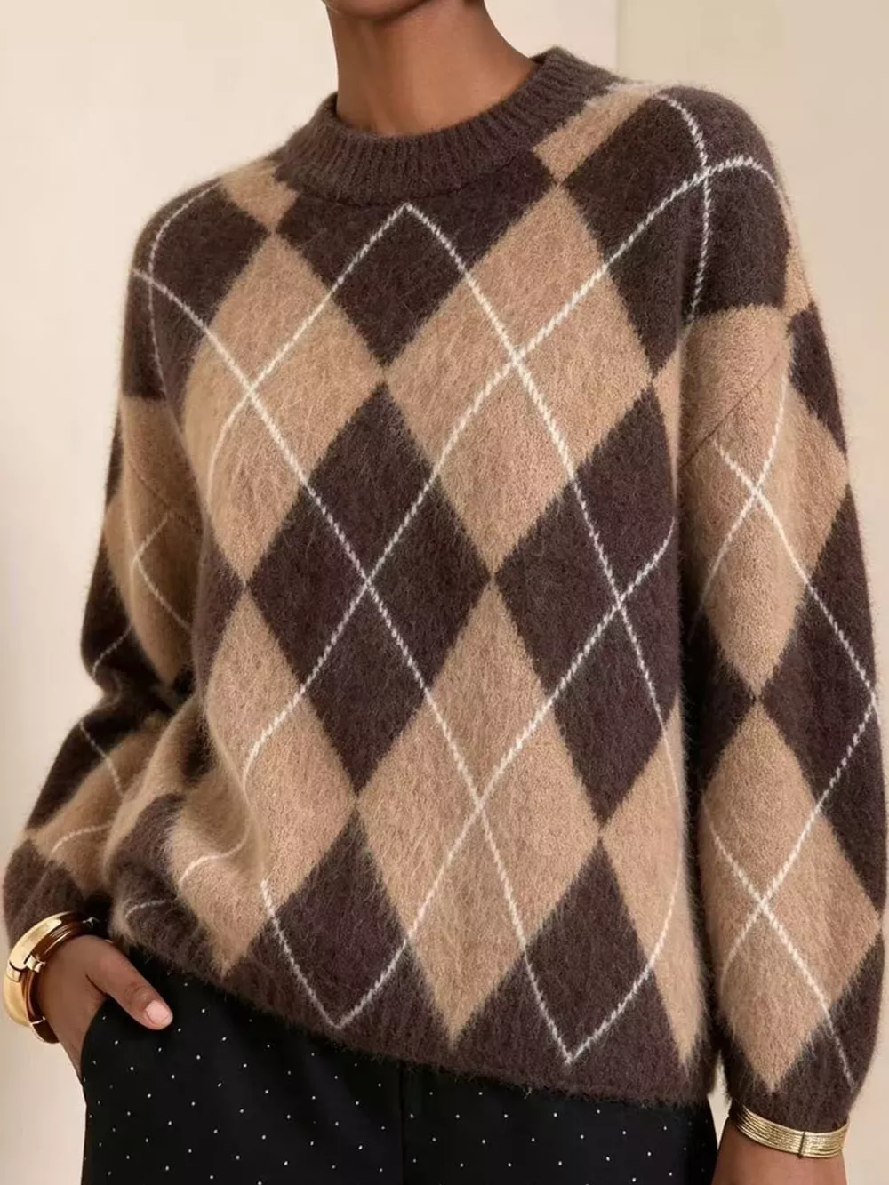 Argyle Pattern Fuzzy Knit Sweater, image 8