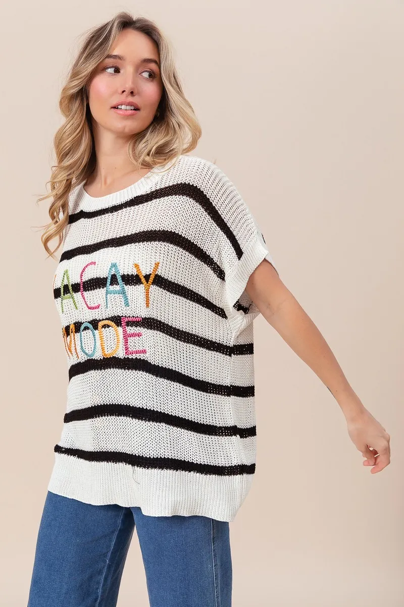 Vacay Mode Lettering Drop Shoulder Striped Sweater, image 3
